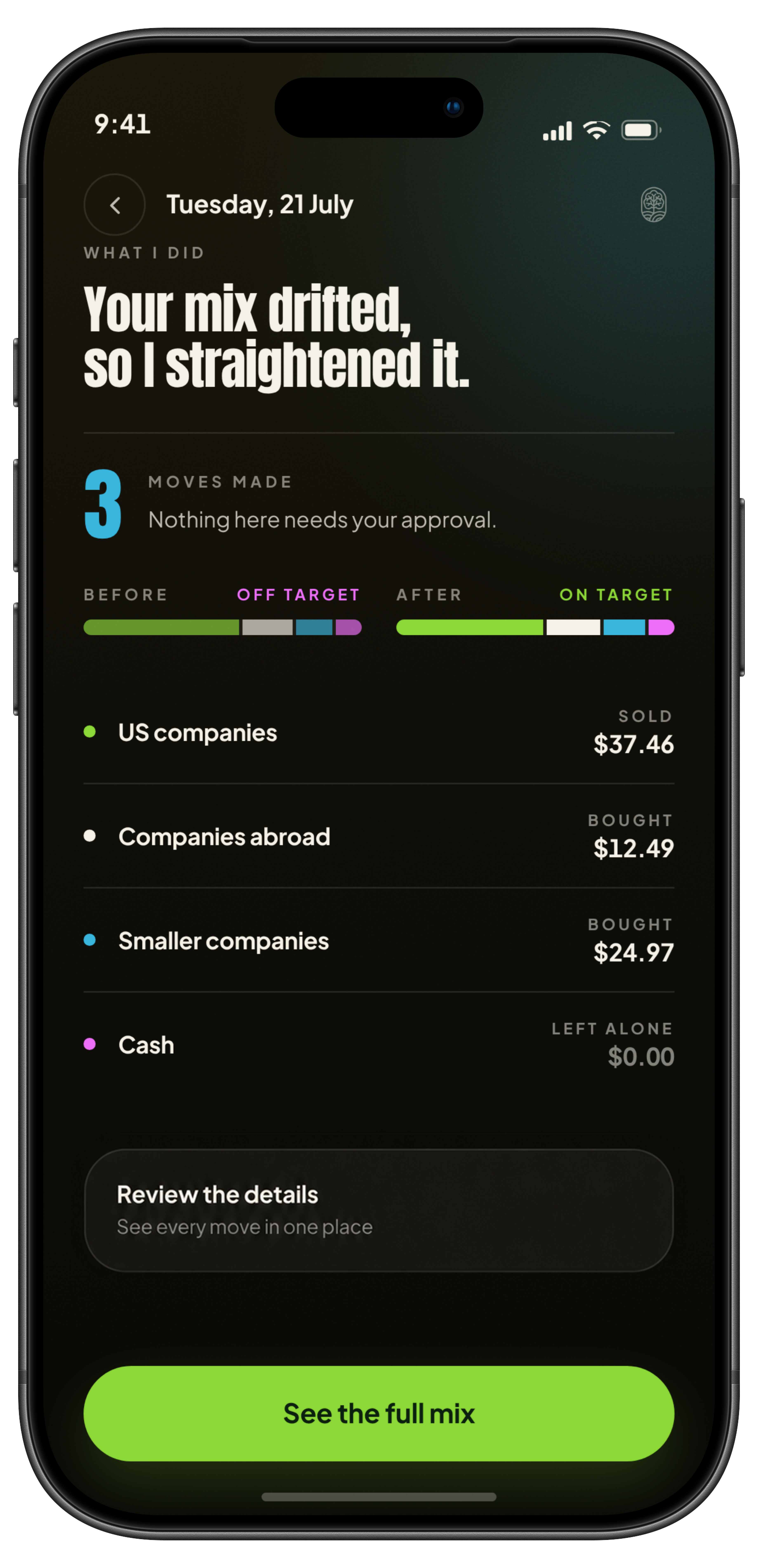 Edyn portfolio rebalancing activity screen