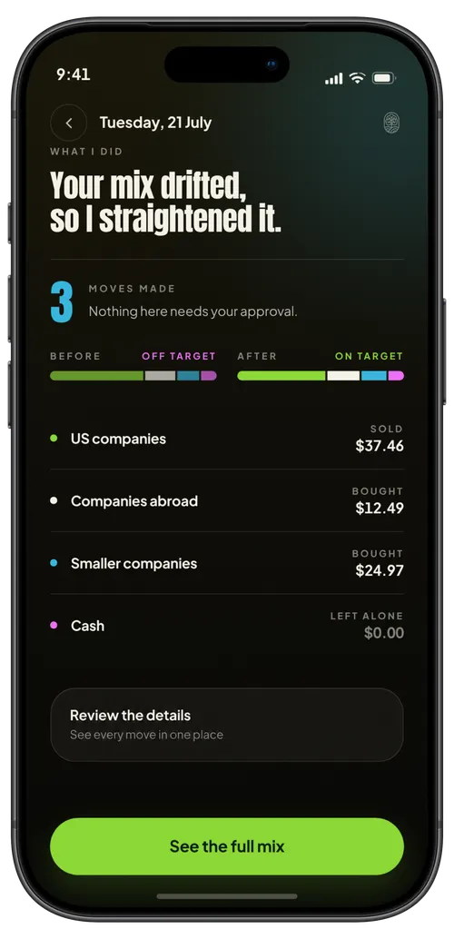 Edyn portfolio rebalancing activity screen